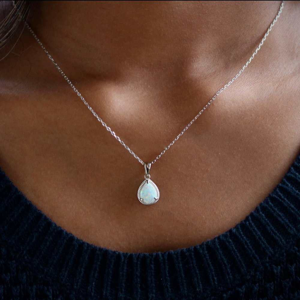 White Opal Teardrop Sterling Silver Necklace